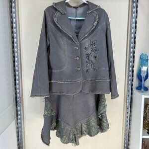 Gray denim and lace rhinestones jacket skirt suit set Sz14 raw hem western wear